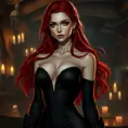 A seductive Triss Merigold with flowing red hair, dressed in a form-fitting, deep-cut black dress, standing in a dimly lit tavern with flickering candlelight casting shadows on her face, her eyes smoldering with a mix of mystery and allure.