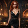 A seductive Triss Merigold with flowing red hair, dressed in a form-fitting, deep-cut black dress, standing in a dimly lit tavern with flickering candlelight casting shadows on her face, her eyes smoldering with a mix of mystery and allure.