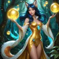 Ahri, the enchanting fox mage, with her tails flowing like silk behind her, dressed in a revealing, shimmering robe that seems to be made of liquid gold, standing in a magical, bioluminescent forest, with glowing orbs of energy floating around her.