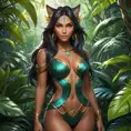 A seductive Nidalee, her feline form exuding an aura of primal allure, draped in a sleek, form-fitting jungle outfit that accentuates her curves. Her piercing eyes glow with a mysterious light, and her hair flows like liquid gold in the moonlight. The background is a lush, tropical forest with bioluminescent plants casting a soft, ethereal glow.