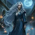 A alluring Yennefer with silver hair flowing like a waterfall, dressed in a shimmering, midnight blue robe adorned with silver runes, standing in a moonlit courtyard with swirling mist and glowing flowers