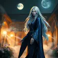 A alluring Yennefer with silver hair flowing like a waterfall, dressed in a shimmering, midnight blue robe adorned with silver runes, standing in a moonlit courtyard with swirling mist and glowing flowers