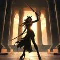 Irelia is portrayed in a grand, ancient temple, her silhouette framed by the rising sun through towering pillars. Her movements are fluid and deadly, with a sense of controlled power. The temple's walls are covered in faded murals depicting forgotten battles, adding to the atmosphere of ancient, untamed strength.