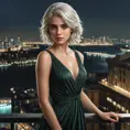 Ciri, exuding an air of mystery and allure, wearing a modern, yet timeless black dress that clings to her every curve. Her hair is styled in loose, beachy waves, and she stands in a sleek, urban penthouse with floor-to-ceiling windows offering a view of a bustling city at night. Her eyes, a striking green, hold a hint of mischief.