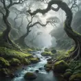 A mystical, fog-covered valley with ancient, twisted trees and a hidden, sparkling river that winds through the mist, revealing hidden waterfalls.