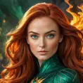 Portrait of Jean Grey, fiery red hair, emerald green eyes, powerful, elegant, phoenix fire in the background, intricate details, sharp focus, 8k