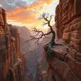 A vast, otherworldly canyon carved by time, with towering sandstone formations reaching towards a vibrant, sunset sky. A lone, weathered tree clings to the edge, its roots grasping the ancient rock.