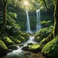 A cascading waterfall surrounded by lush, emerald-green rainforest, with sunlight filtering through the dense canopy, casting dappled shadows on the moss-covered rocks below.