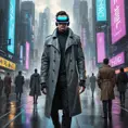 A cyberpunk cityscape, a giant holographic advertisement for a virtual reality game dominates the skyline, people wearing VR headsets walk down the street, their eyes glazed over, a lone figure in a trench coat walks past, a look of defiance on their face.
