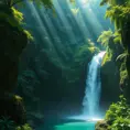 A cascading waterfall surrounded by lush, emerald-green rainforest, with rays of sunlight piercing through the dense canopy, creating a magical, ethereal glow.