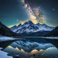 A snow-covered mountain range under a clear, starry night sky, with the Milky Way visible in the background and a frozen lake reflecting the celestial beauty.