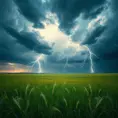 A vast, open prairie under a dramatic thunderstorm, with lightning bolts illuminating the dark clouds and the tall grass swaying in the strong winds.