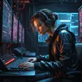 A cyberpunk hacker's lair, dimly lit room filled with blinking screens and wires, a lone figure hunched over a keyboard, their eyes glowing red as they navigate the digital underworld.