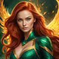Portrait of Jean Grey, fiery red hair, emerald green eyes, powerful, elegant, phoenix fire in the background, intricate details, sharp focus, 8k