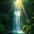 A cascading waterfall surrounded by lush, emerald-green rainforest, with rays of sunlight piercing through the dense canopy, creating a magical, ethereal glow.