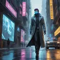 A cyberpunk street scene, holographic projections of advertisements flicker on buildings, robotic police patrol the streets, a lone figure in a trench coat walks down the sidewalk, their face obscured by a glowing mask, a flying car zooms overhead.
