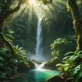 A cascading waterfall surrounded by lush, emerald-green rainforest, with rays of sunlight piercing through the dense canopy, creating a magical, ethereal glow.