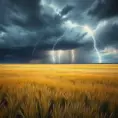 A vast, open prairie under a dramatic thunderstorm, with lightning bolts illuminating the dark clouds and the tall grass swaying in the strong winds.