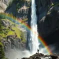 A majestic waterfall cascading down a sheer cliff face, sunlight illuminating the mist, creating a rainbow. Lush ferns and moss adorn the rocks, with a lone hiker silhouetted against the spray.