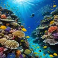 A vibrant, colorful coral reef teeming with marine life, including schools of fish, sea turtles, and vibrant anemones, all set against the deep blue ocean.