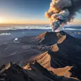 A breathtaking view from the summit of a volcanic peak, with plumes of smoke rising from the crater. Below, a vast, undulating landscape stretches out towards the horizon, dotted with scattered villages.