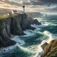 A rugged coastline with towering cliffs carved by the relentless ocean waves, where seabirds soar overhead and a lighthouse stands as a beacon of hope.