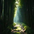 Deep within a bamboo forest, sunlight filters through the leaves, illuminating a moss-covered path. (Zen, meditation, green, ethereal)