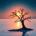 A lone, ancient tree silhouetted against a breathtaking sunset over a vast, reflective salt flat, stars beginning to appear in the deep blue sky, dreamlike and ethereal