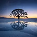 A lone, ancient tree silhouetted against a breathtaking sunset over a vast, reflective salt flat, stars beginning to appear in the deep blue sky, dreamlike and ethereal
