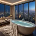A luxurious bedroom with a king-size bed draped in silk sheets, a plush rug, and a large, freestanding bathtub with a view of a sparkling city at night. The room is bathed in soft, warm lighting.