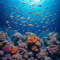 A vibrant coral reef teeming with exotic marine life, where schools of colorful fish dart among the intricate formations of coral, all set against the deep blue ocean.