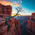 A vast, otherworldly canyon carved by time, with towering sandstone formations reaching towards a vibrant, sunset sky. A lone, weathered tree clings to the edge, its roots grasping the ancient rock.