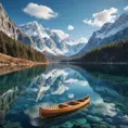 A serene lake nestled within a ring of snow-capped mountains, reflecting the azure sky and wispy clouds. A wooden canoe glides across the glassy surface, leaving a gentle ripple in its wake.