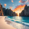 A pristine, white-sand beach with turquoise waters lapping at the shore, backed by towering, jagged cliffs and a vibrant, tropical sunset.