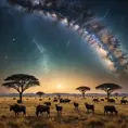 A vast, open savanna under a vast, star-filled sky, with herds of grazing animals silhouetted against the horizon, and the Milky Way stretching across the heavens.