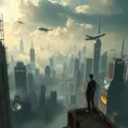 A panoramic view of a cyberpunk city, sprawling skyscrapers pierce the smog-filled sky, holographic advertisements flash on buildings, flying vehicles weave through the air, a lone figure stands on a rooftop, gazing at the sprawling cityscape.