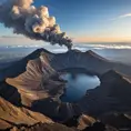 A breathtaking view from the summit of a volcanic peak, with plumes of smoke rising from the crater. Below, a vast, undulating landscape stretches out towards the horizon, dotted with scattered villages.