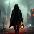 A cyberpunk dystopia, a desolate wasteland dotted with crumbling skyscrapers, the air thick with smog and radiation, a lone figure walks through the wasteland, their face obscured by a mask, carrying a flickering lantern.