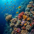 A vibrant coral reef teeming with exotic marine life, where schools of colorful fish dart among the intricate formations of coral, all set against the deep blue ocean.