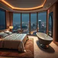 A luxurious bedroom with a king-size bed draped in silk sheets, a plush rug, and a large, freestanding bathtub with a view of a sparkling city at night. The room is bathed in soft, warm lighting.