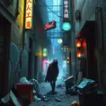 A decaying cyberpunk alleyway, graffiti-covered walls illuminated by flickering neon signs, a lone figure in a hooded cloak sifting through trash, the air thick with the smell of ozone and decay.