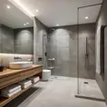 A modern bathroom with a large, walk-in shower featuring a rainfall shower head, a floating vanity with a sleek sink and mirror, and a heated towel rack. The room features a minimalist color palette with accents of warm wood and natural stone.