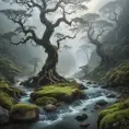A mystical, fog-covered valley with ancient, twisted trees and a hidden, sparkling river that winds through the mist, revealing hidden waterfalls.