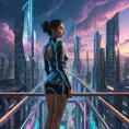 Cyberpunk cityscape, intricate network of neon-lit sky bridges connecting towering chrome skyscrapers, holographic advertisements projecting onto the clouds, flying cars zipping through the air, a lone figure silhouetted against the shimmering lights.