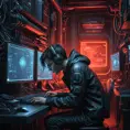 A cyberpunk hacker's lair, dimly lit room filled with blinking screens and wires, a lone figure hunched over a keyboard, their eyes glowing red as they navigate the digital underworld.