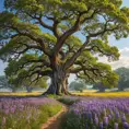 A field of vibrant wildflowers bursting into bloom, stretching as far as the eye can see. A solitary, ancient oak tree stands sentinel, its gnarled branches reaching out like protective arms.