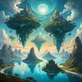 A surreal, otherworldly landscape, with floating islands suspended in a sky filled with swirling clouds. Strange, bioluminescent plants illuminate the scene with an ethereal glow.