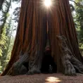 A massive, ancient sequoia tree, its bark deeply furrowed and textured. Sunlight filters through its canopy, illuminating a carpet of fallen needles on the forest floor.