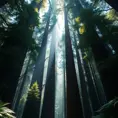 A towering, ancient redwood forest, where the massive trees form a cathedral-like canopy, and shafts of sunlight pierce through the dense foliage.