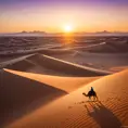 A vast, serene desert landscape at sunset, with towering sand dunes casting long shadows and a lone camel caravan silhouetted against the vibrant orange and purple sky.